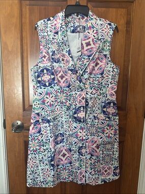 Hermoza Sleeveless Midi Dress in Pink, Navy & Mint Tile Motif